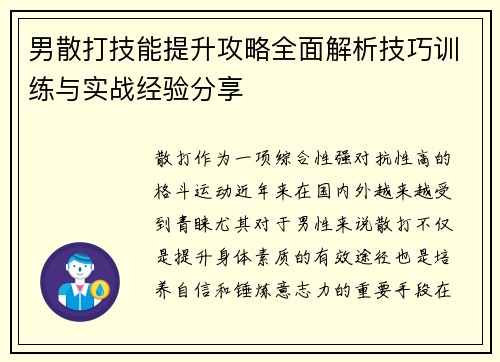 男散打技能提升攻略全面解析技巧训练与实战经验分享